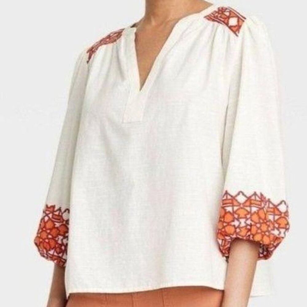 Knox Rose Abstract Print Woven Top Size L Cream Balloon 3/4 Sleeve V Neck